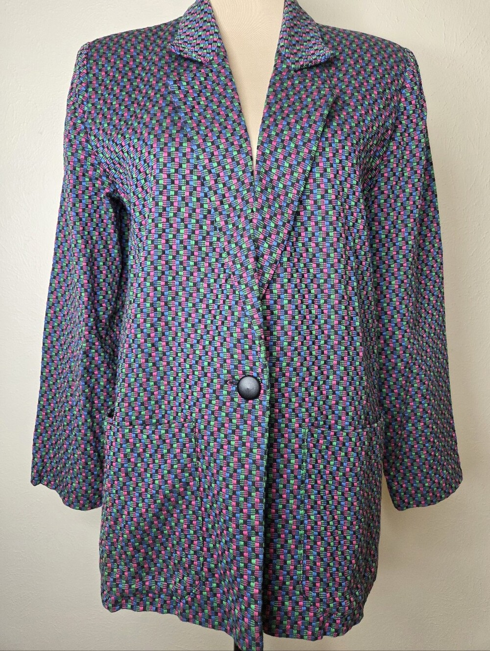 Vintage 80s Leiters Geometric Neon Woven Blazer Memphis Style Pink Blue Green